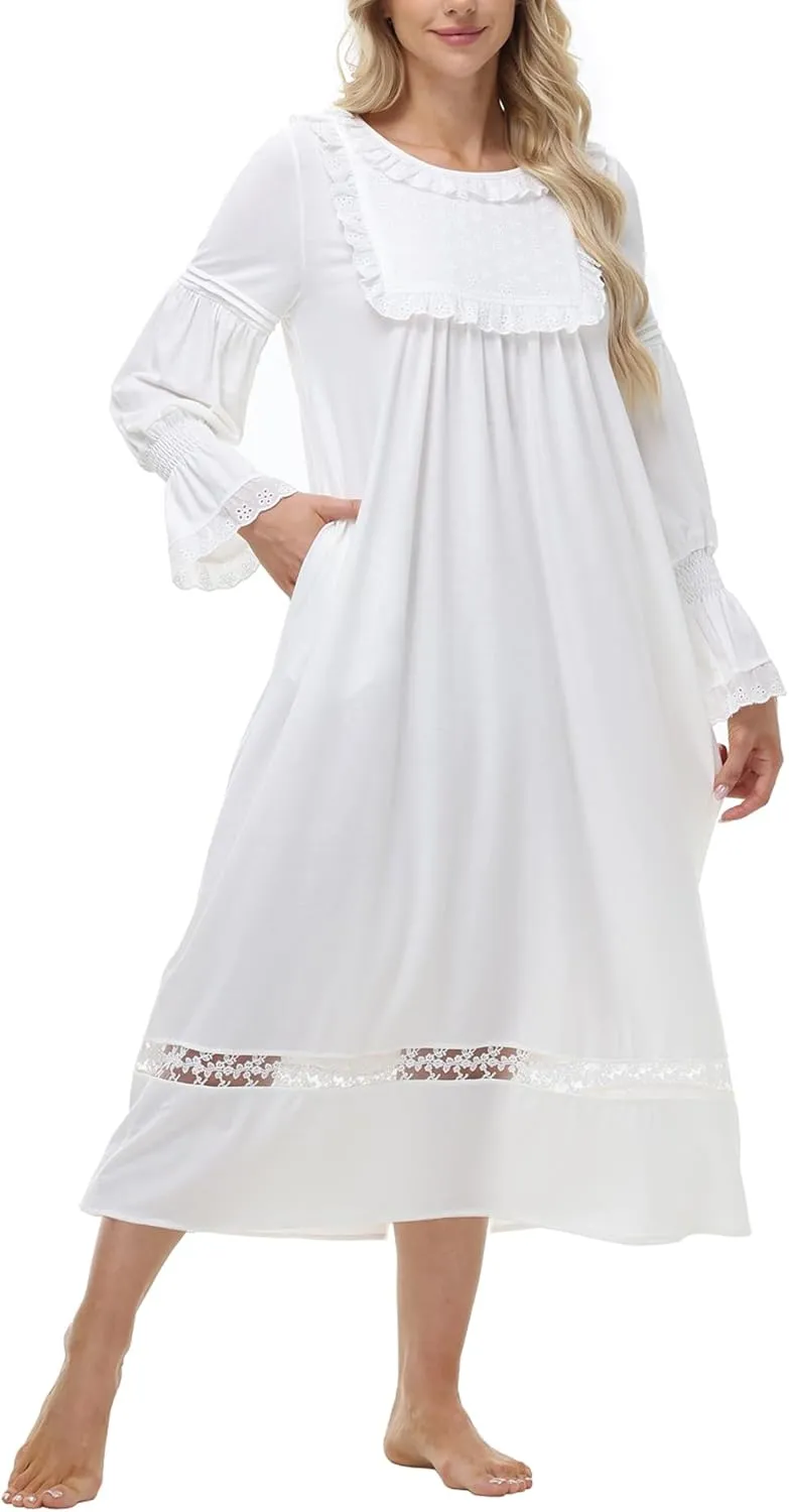 Women's Victorian Nightgowns Vintage Sleepshirts Lace Ruffle Princess Nightdress Long Sleeve Loungewear