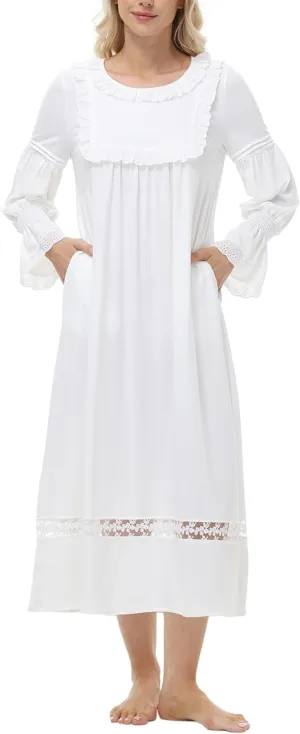 Women's Victorian Nightgowns Vintage Sleepshirts Lace Ruffle Princess Nightdress Long Sleeve Loungewear