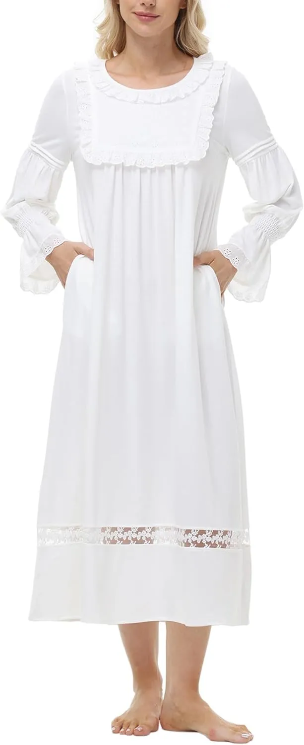 Women's Victorian Nightgowns Vintage Sleepshirts Lace Ruffle Princess Nightdress Long Sleeve Loungewear