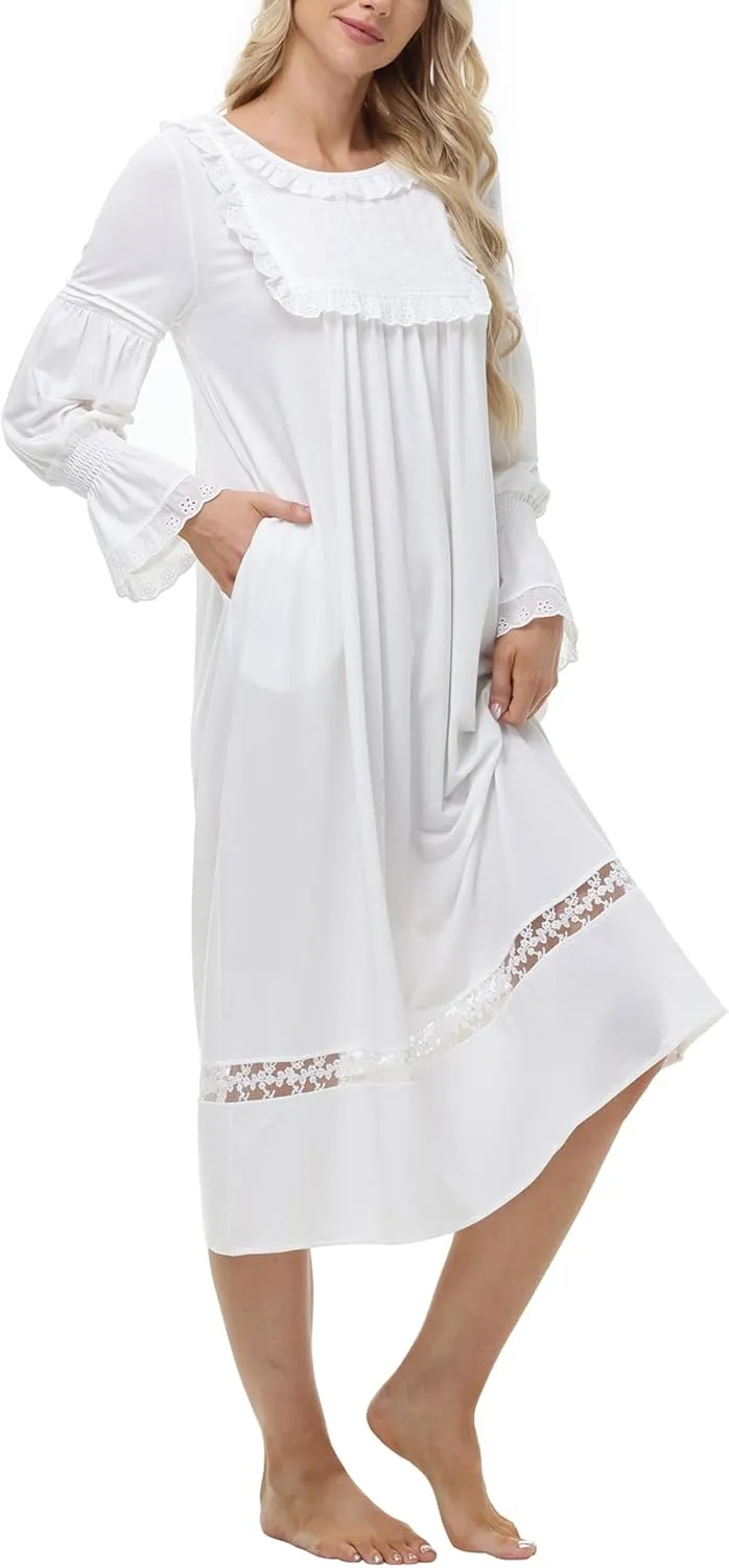 Women's Victorian Nightgowns Vintage Sleepshirts Lace Ruffle Princess Nightdress Long Sleeve Loungewear