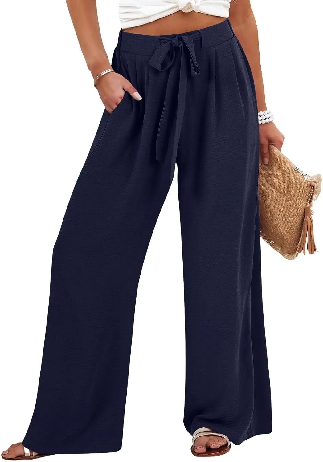 Womens Wide Leg Palazzo Pants High Waist Casual Flowy Trousers 2025 Summer Lounge Beach Travel Vacation Outfits