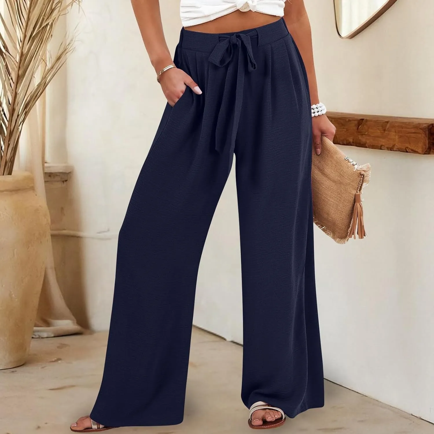 Womens Wide Leg Palazzo Pants High Waist Casual Flowy Trousers 2025 Summer Lounge Beach Travel Vacation Outfits