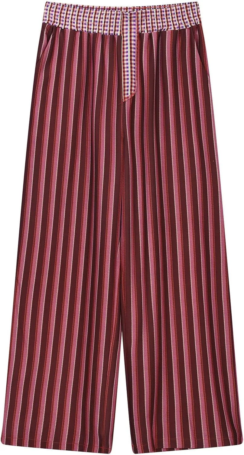 Women's Wide Leg Pants Boho Plaid Print Elastic High Waist Lounge Pants Loose Comfy Summer Beach Trousers