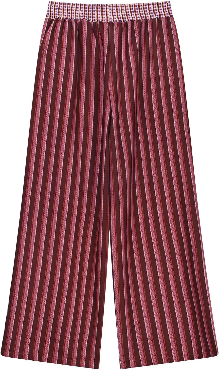 Women's Wide Leg Pants Boho Plaid Print Elastic High Waist Lounge Pants Loose Comfy Summer Beach Trousers