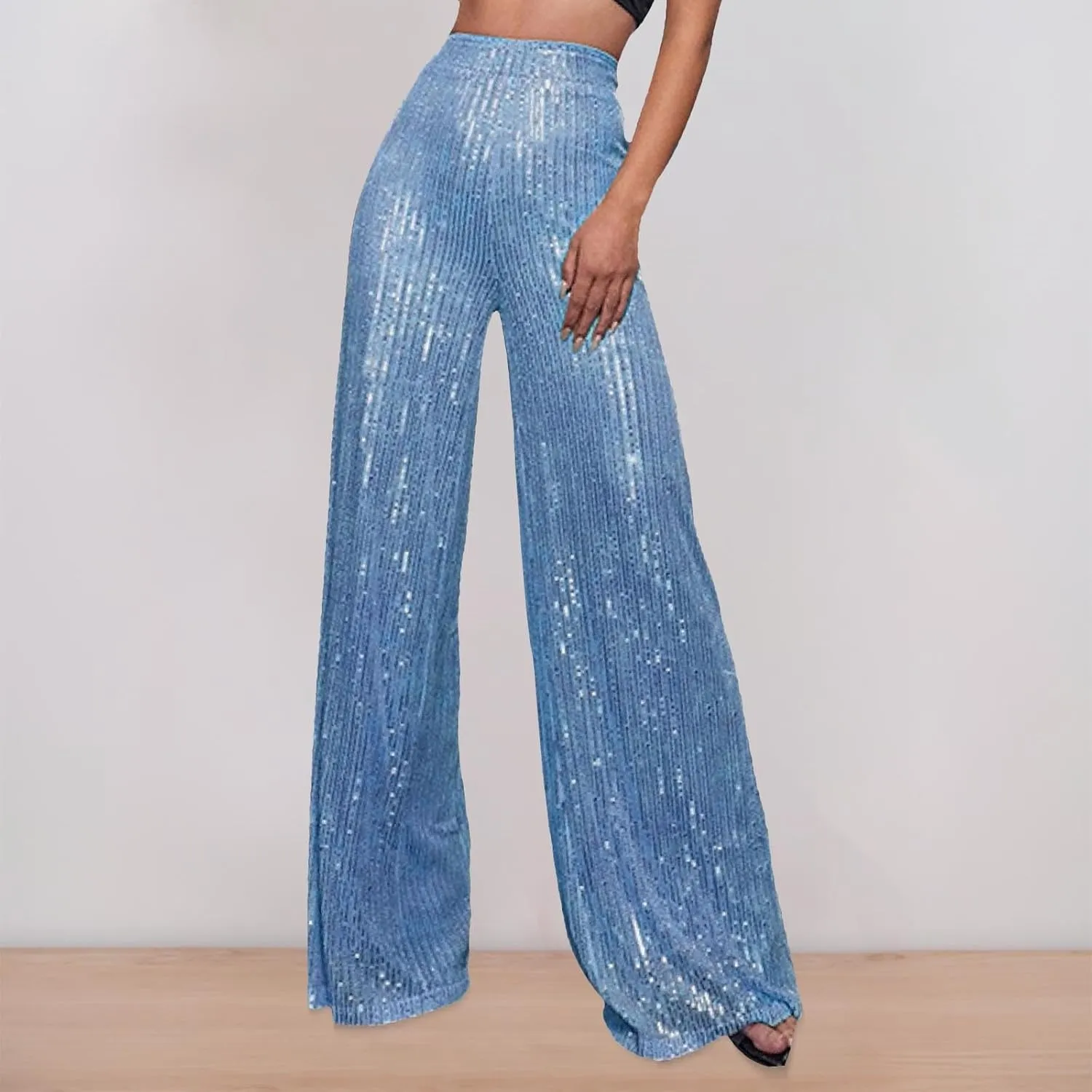 Womens Wide Leg Pants Elastic High Waist Sequin Sparkly Dance Pants Baggy Summer Fashion Baggy Palazzo Stretch Trousers