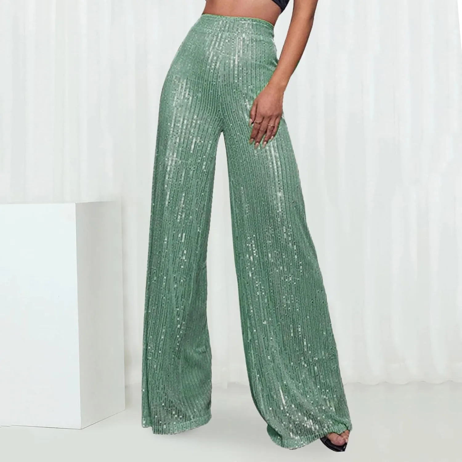 Womens Wide Leg Pants Elastic High Waist Sequin Sparkly Dance Pants Baggy Summer Fashion Baggy Palazzo Stretch Trousers
