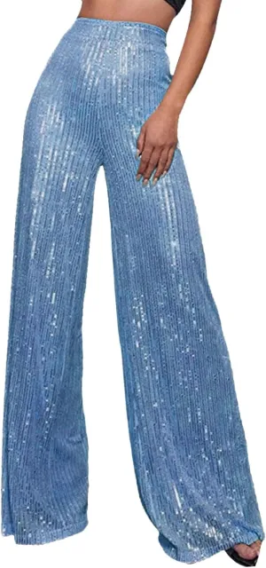 Womens Wide Leg Pants Elastic High Waist Sequin Sparkly Dance Pants Baggy Summer Fashion Baggy Palazzo Stretch Trousers