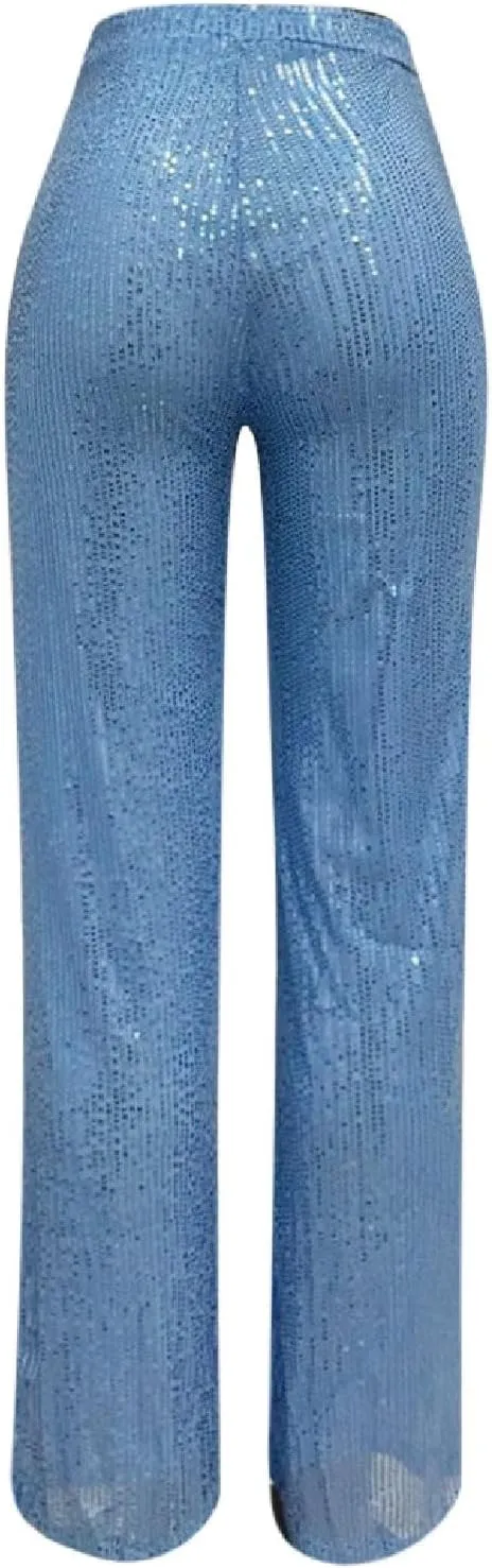 Womens Wide Leg Pants Elastic High Waist Sequin Sparkly Dance Pants Baggy Summer Fashion Baggy Palazzo Stretch Trousers
