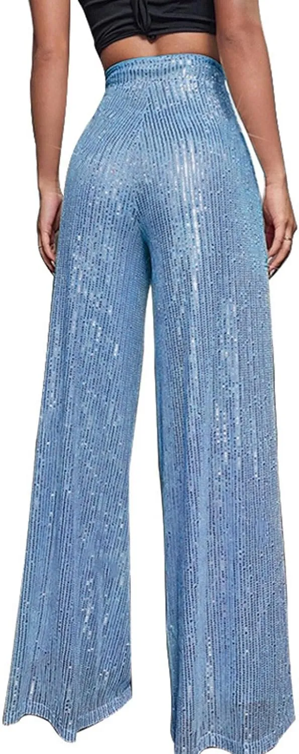 Womens Wide Leg Pants Elastic High Waist Sequin Sparkly Dance Pants Baggy Summer Fashion Baggy Palazzo Stretch Trousers
