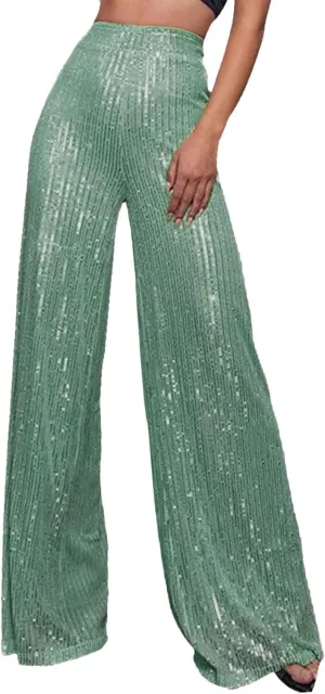 Womens Wide Leg Pants Elastic High Waist Sequin Sparkly Dance Pants Baggy Summer Fashion Baggy Palazzo Stretch Trousers