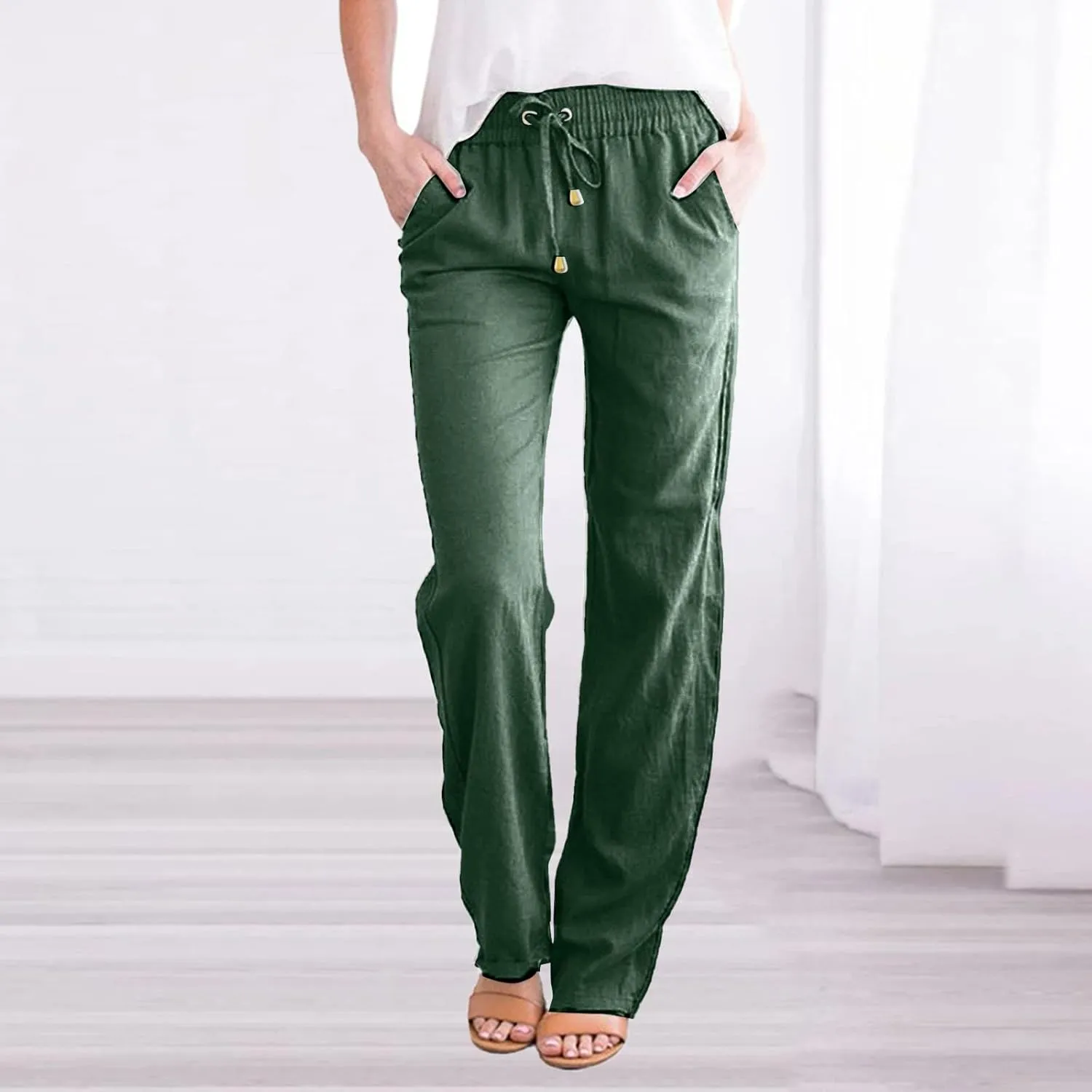 Women's Wide Leg Pants Winter Highwaisted Beach Pants with Pockets Fleece Lined Elastic Waist