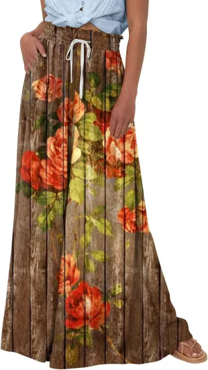 Womens Wide Leg Pants Women's Casual Trendy Loose Fit Elastic High Waist Wide Leg Trousers Flowy Long Pants