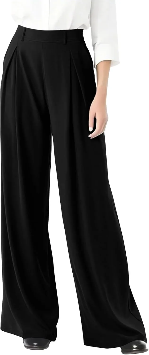 Women's Wide Legged Pants Pleated High Waisted with Pockets Flowy Trousers Business Casual Bottoms Trendy