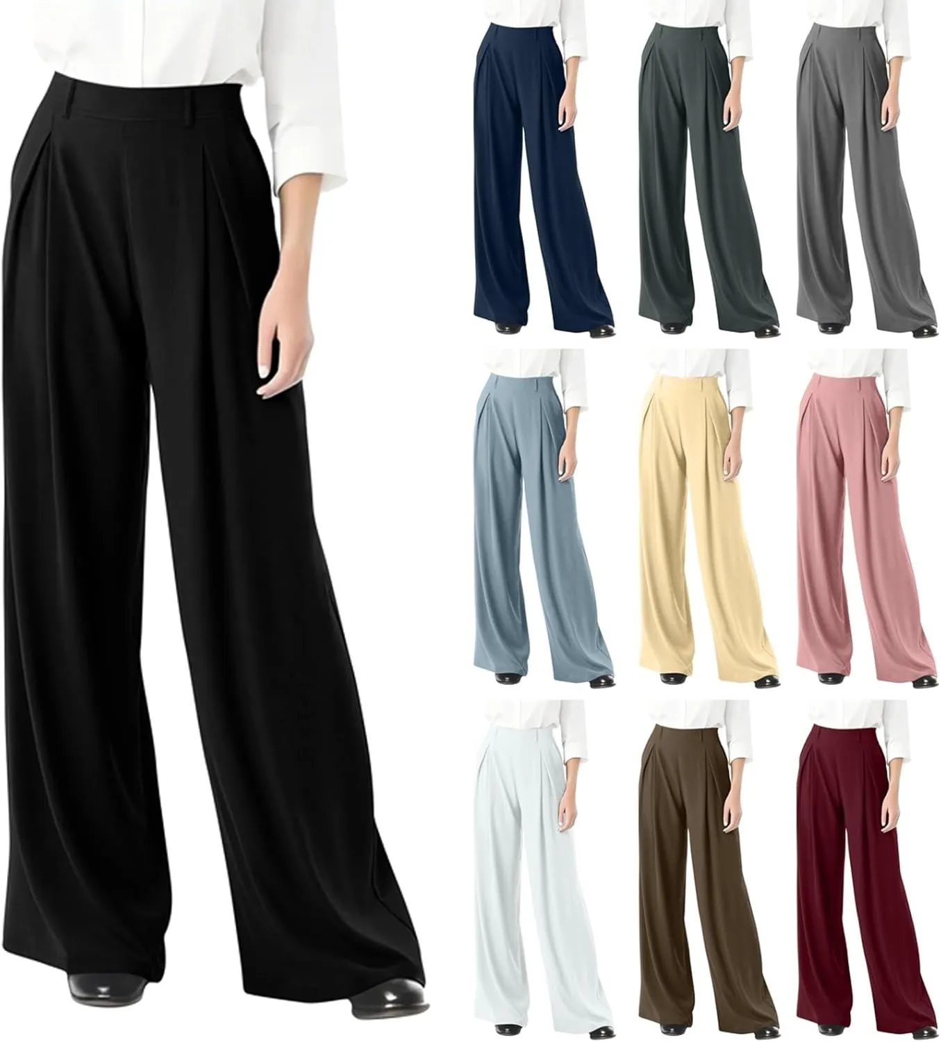 Women's Wide Legged Pants Pleated High Waisted with Pockets Flowy Trousers Business Casual Bottoms Trendy