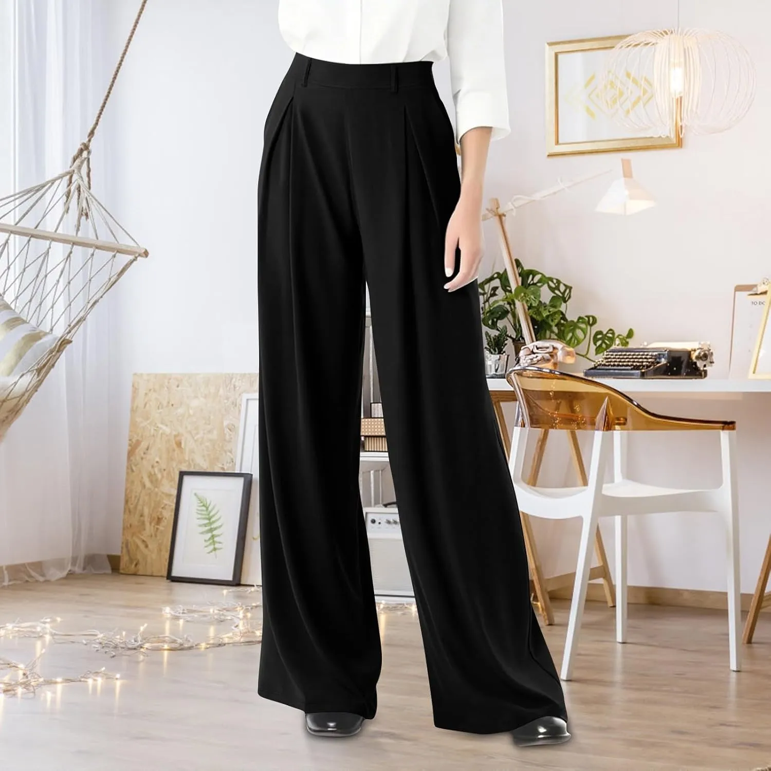 Women's Wide Legged Pants Pleated High Waisted with Pockets Flowy Trousers Business Casual Bottoms Trendy