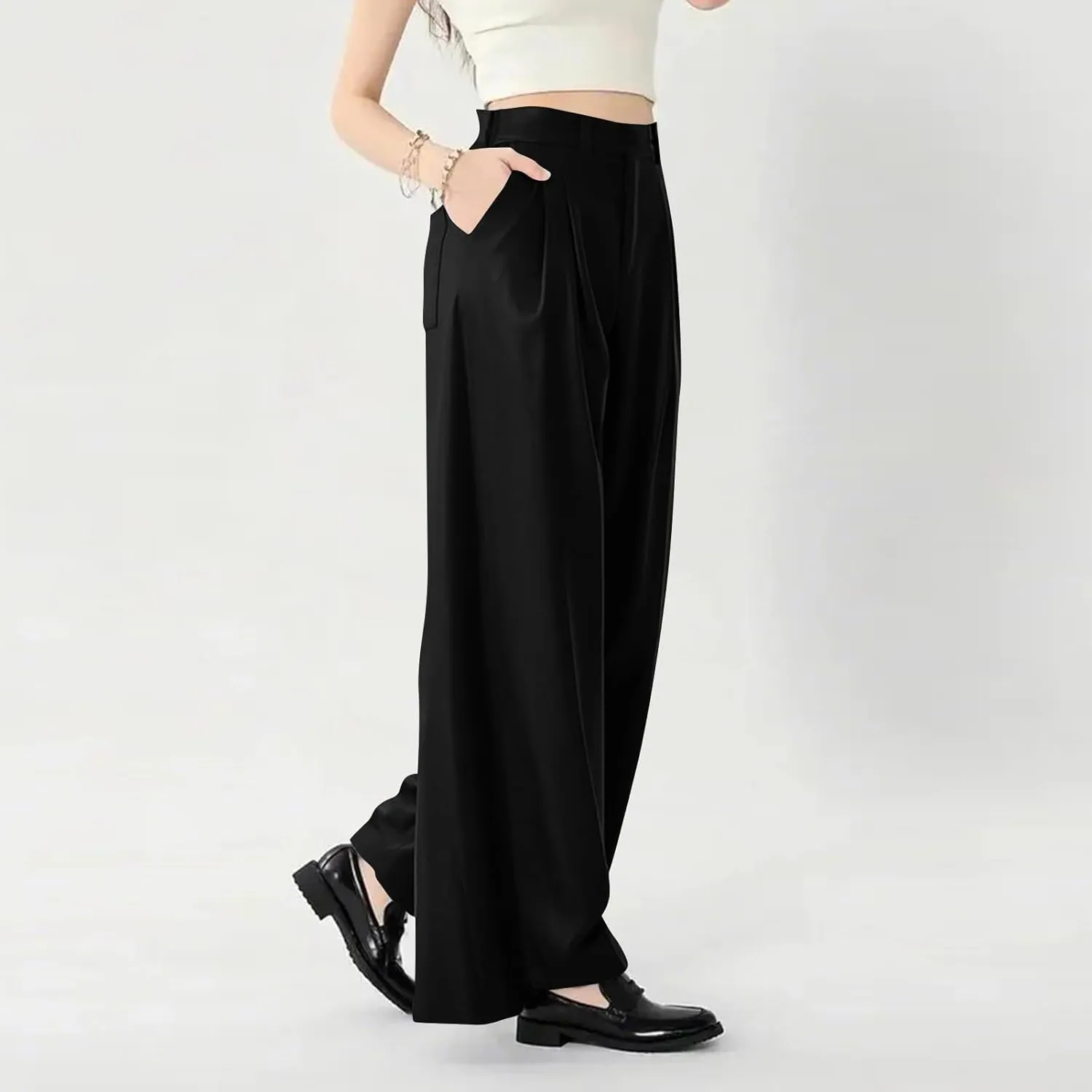 Women's Wide Legged Pants Pleated High Waisted with Pockets Flowy Trousers Business Casual Bottoms Trendy