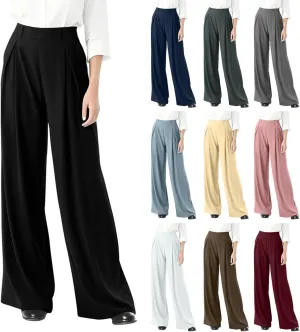 Women's Wide Legged Pants Pleated High Waisted with Pockets Flowy Trousers Business Casual Bottoms Trendy