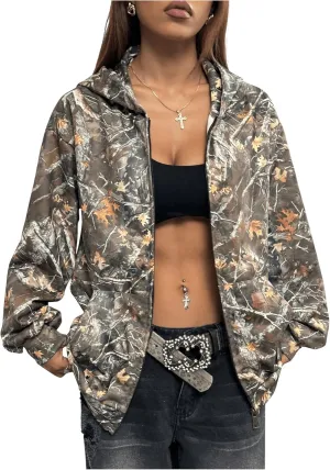 Women's Y2K Camo Print Oversized Hoodie Drop Shoulder Long Sleeve Sweatshirts Tops