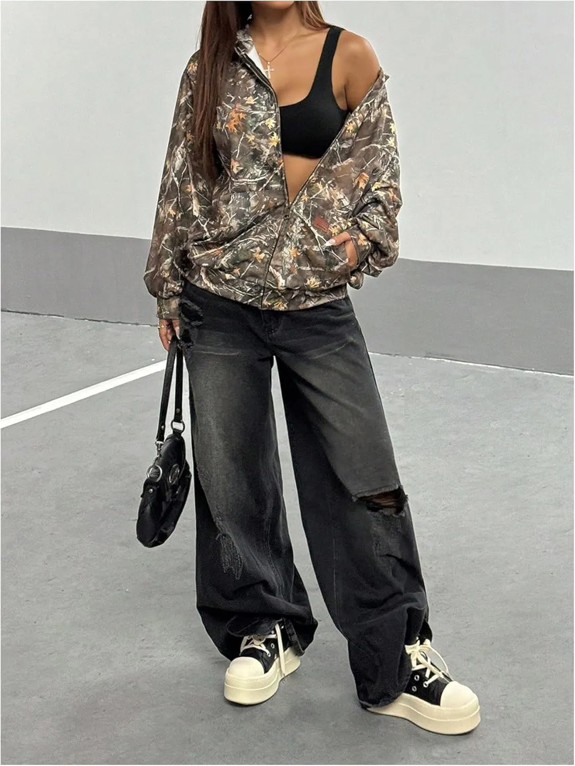 Women's Y2K Camo Print Oversized Hoodie Drop Shoulder Long Sleeve Sweatshirts Tops