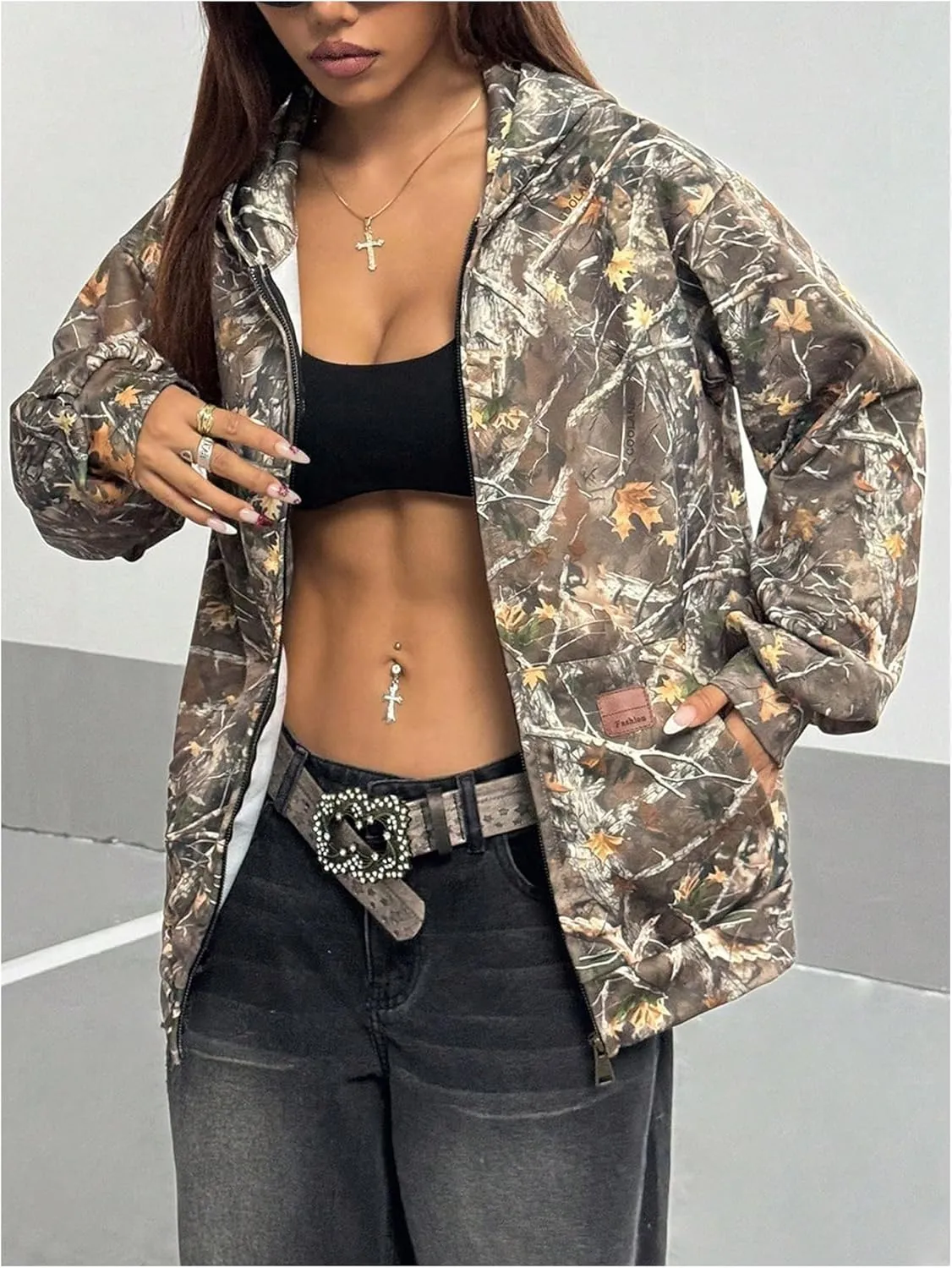 Women's Y2K Camo Print Oversized Hoodie Drop Shoulder Long Sleeve Sweatshirts Tops
