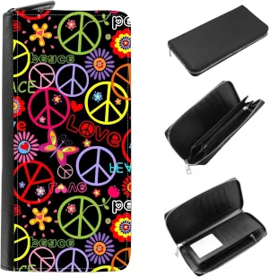 Women's Zip Around Wallet and Phone Clutch - RFID Blocking with Card Holder Organizer - Hippie Pattern of Peace Sign Symbol
