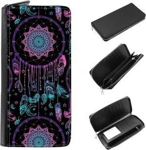 Women's Zip Around Wallet and Phone Clutch - RFID Blocking with Card Holder Organizer - Neon Mandala Dream Catcher Pattern