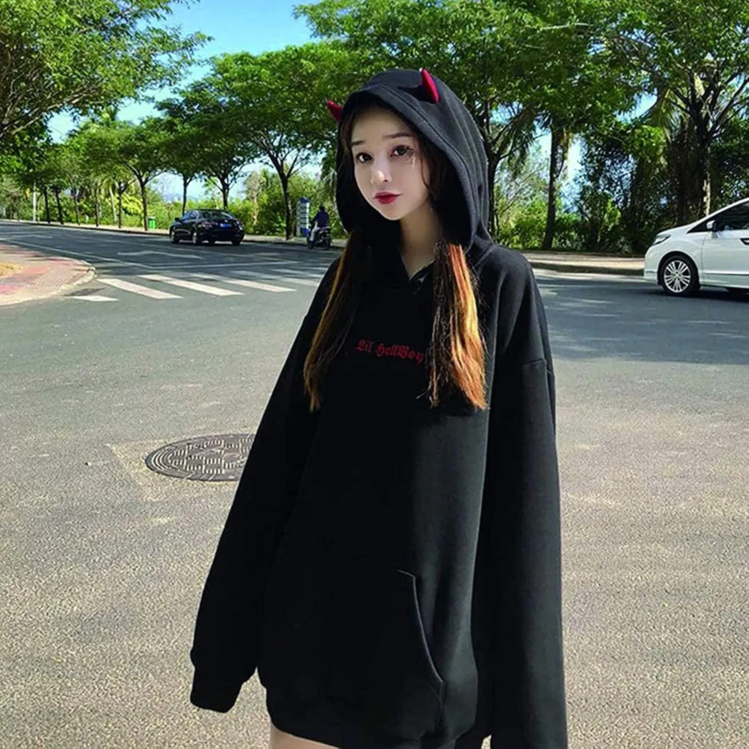 YEMOCILE Women Devil Wing Hooded Sweatshirt Casual Loose Long Sleeve Hoodies Pullover Tops