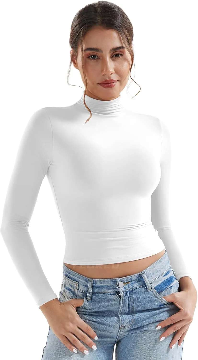 YEOREO Long Sleeve Workout Crop Mock Thermal Turtle Neck Double Lined Base Tops Shirts Women Sariah Y2k Undershirt