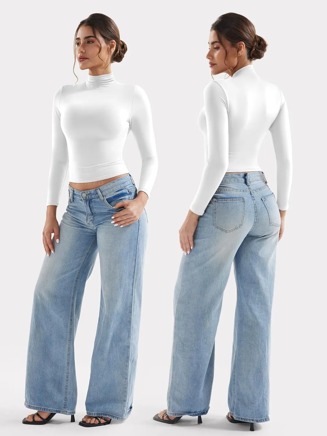 YEOREO Long Sleeve Workout Crop Mock Thermal Turtle Neck Double Lined Base Tops Shirts Women Sariah Y2k Undershirt