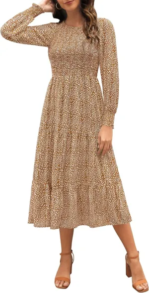 Zattcas Womens Fall Dresses 2025 Casual Long Sleeve Smocked Boho Floral Tiered Midi Wedding Guest Dress with Pockets