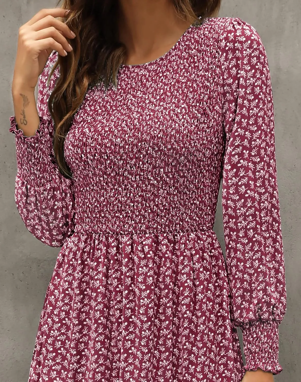 Zattcas Womens Fall Dresses 2025 Casual Long Sleeve Smocked Boho Floral Tiered Midi Wedding Guest Dress with Pockets
