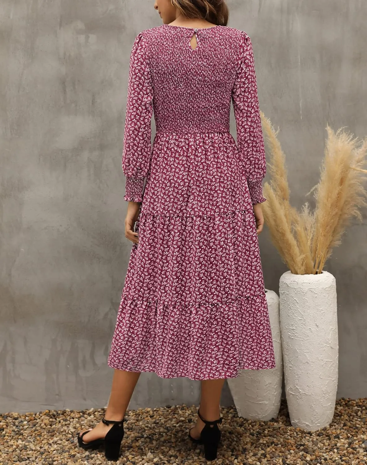Zattcas Womens Fall Dresses 2025 Casual Long Sleeve Smocked Boho Floral Tiered Midi Wedding Guest Dress with Pockets