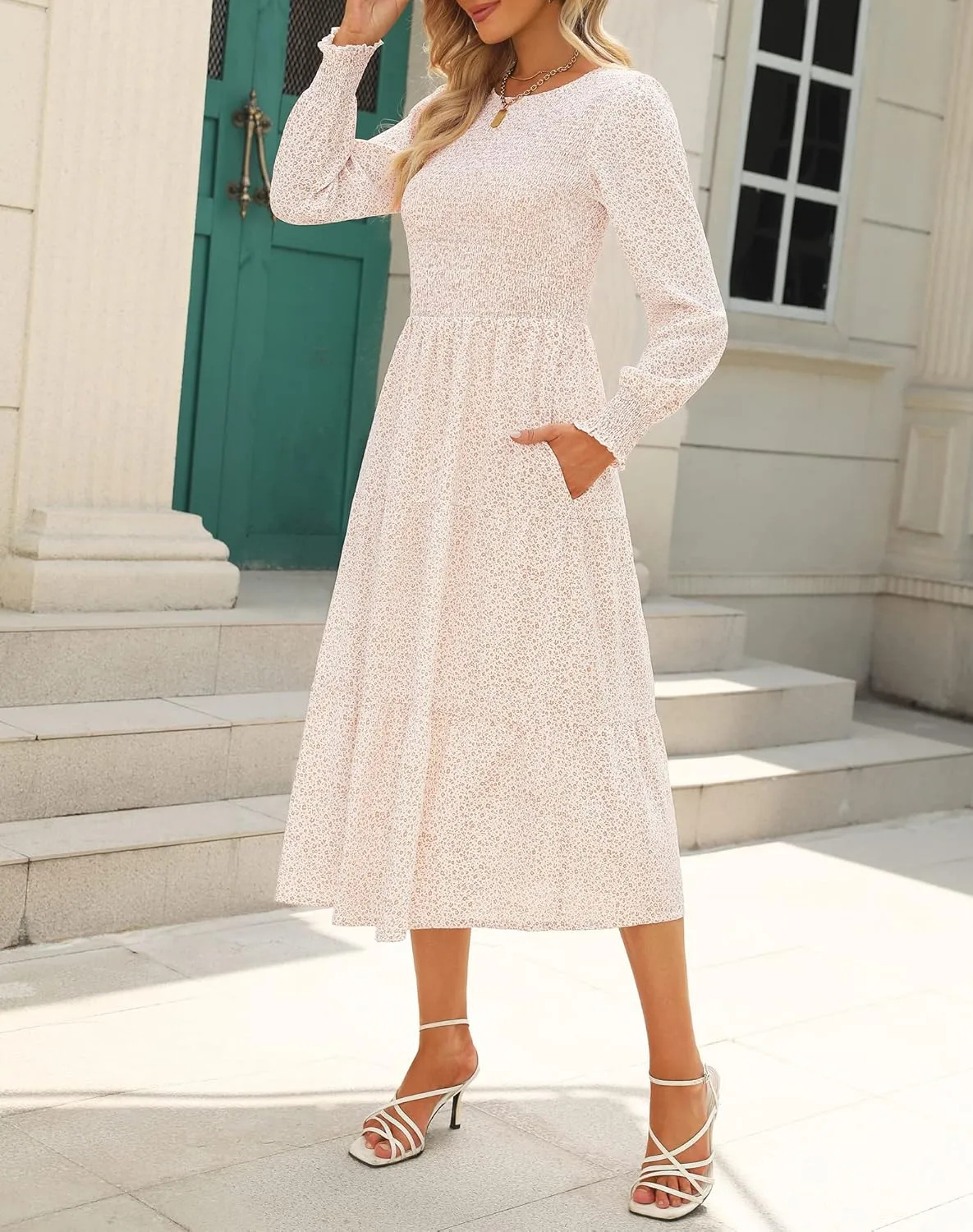 Zattcas Womens Fall Dresses 2025 Casual Long Sleeve Smocked Boho Floral Tiered Midi Wedding Guest Dress with Pockets