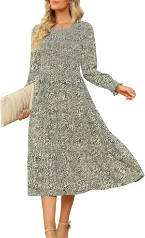 Zattcas Womens Fall Dresses 2025 Casual Long Sleeve Smocked Boho Floral Tiered Midi Wedding Guest Dress with Pockets
