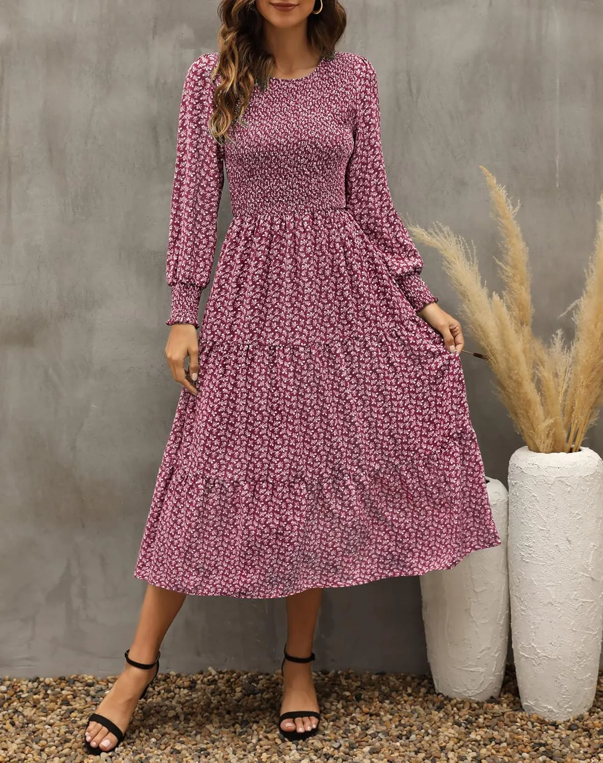 Zattcas Womens Fall Dresses 2025 Casual Long Sleeve Smocked Boho Floral Tiered Midi Wedding Guest Dress with Pockets