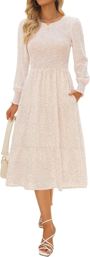 Zattcas Womens Fall Dresses 2025 Casual Long Sleeve Smocked Boho Floral Tiered Midi Wedding Guest Dress with Pockets