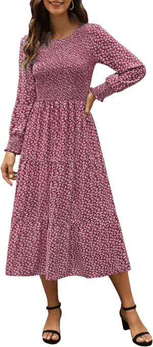Zattcas Womens Fall Dresses 2025 Casual Long Sleeve Smocked Boho Floral Tiered Midi Wedding Guest Dress with Pockets