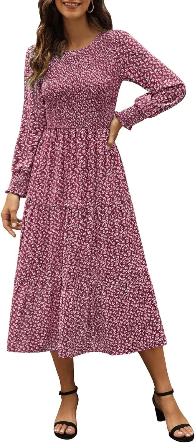 Zattcas Womens Fall Dresses 2025 Casual Long Sleeve Smocked Boho Floral Tiered Midi Wedding Guest Dress with Pockets