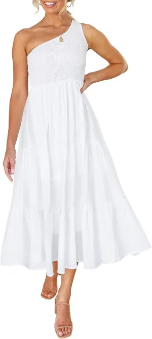 ZCSIA Women's 2024 Summer Boho One Shoulder Sleeveless Solid Color Ruffle Beach Party Tiered Midi Dress