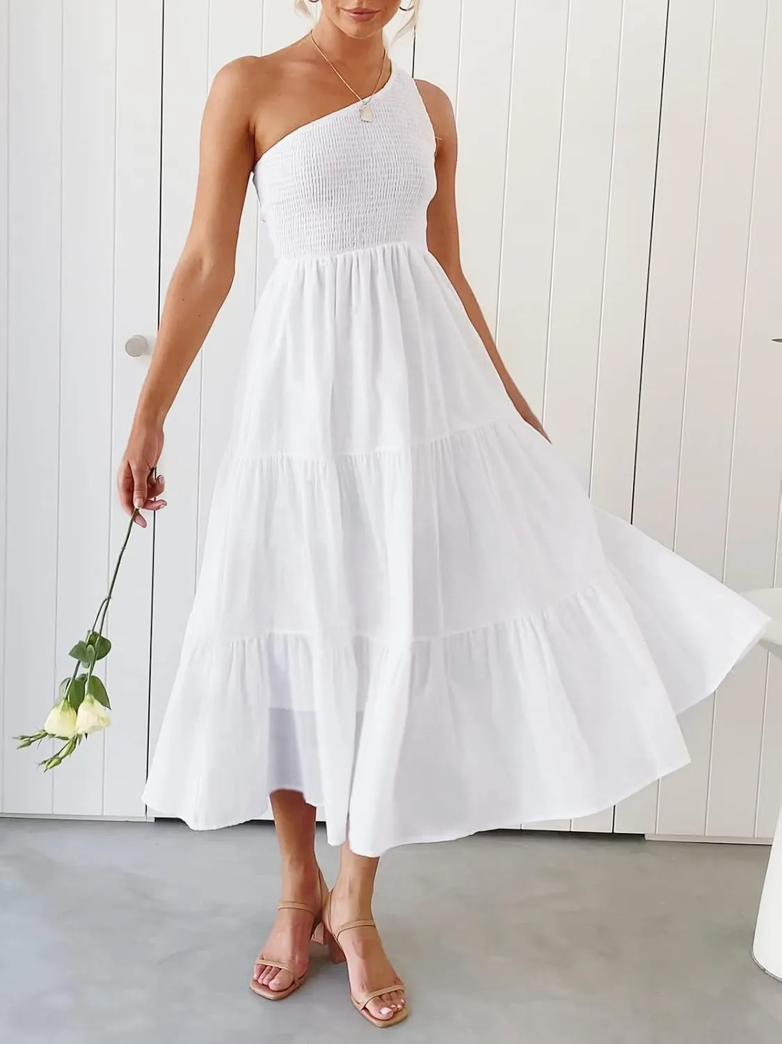 ZCSIA Women's 2024 Summer Boho One Shoulder Sleeveless Solid Color Ruffle Beach Party Tiered Midi Dress