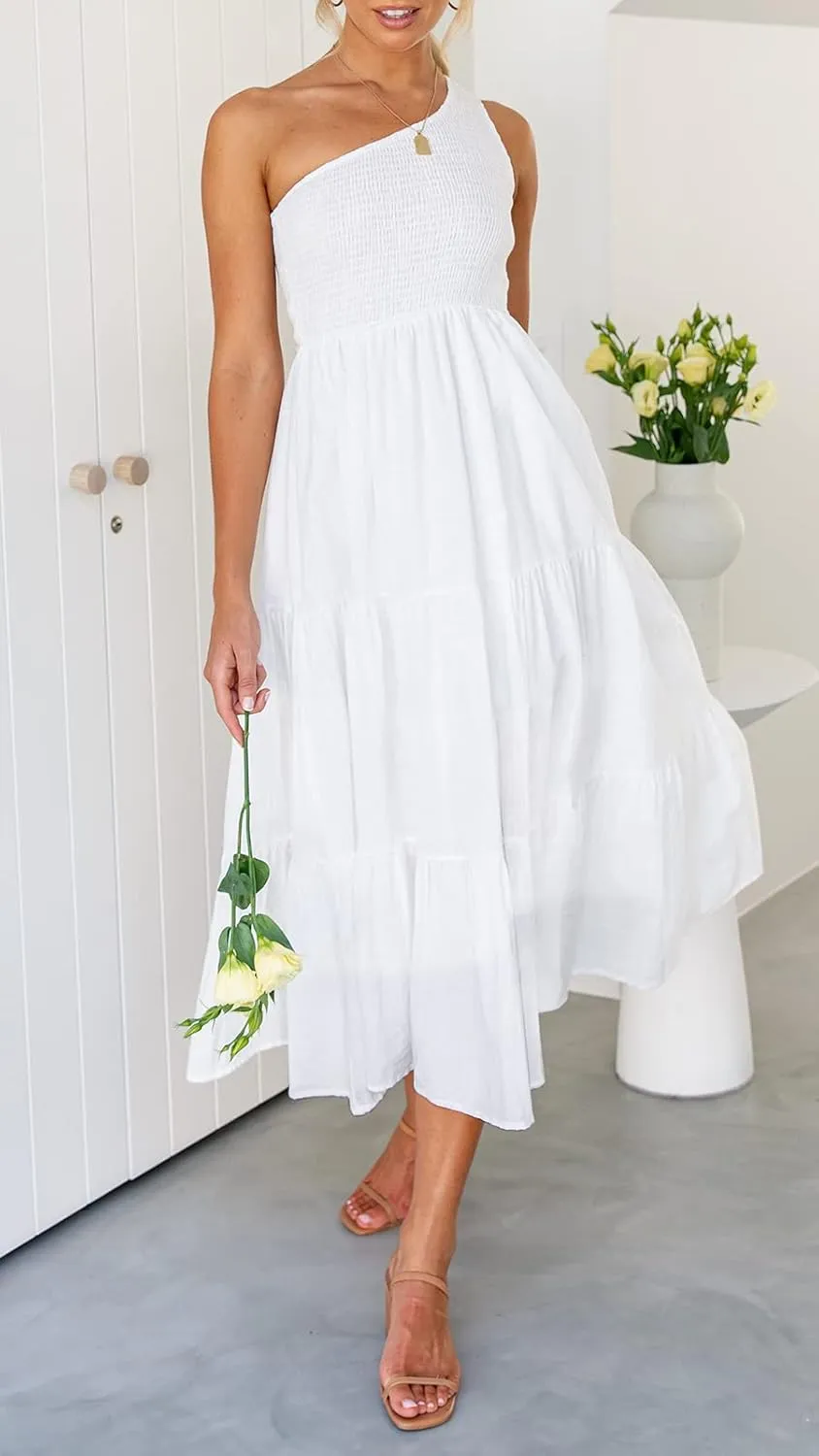 ZCSIA Women's 2024 Summer Boho One Shoulder Sleeveless Solid Color Ruffle Beach Party Tiered Midi Dress