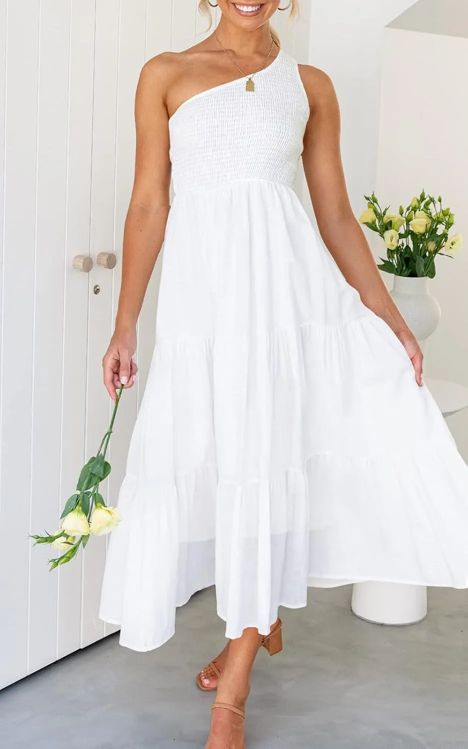 ZCSIA Women's 2024 Summer Boho One Shoulder Sleeveless Solid Color Ruffle Beach Party Tiered Midi Dress