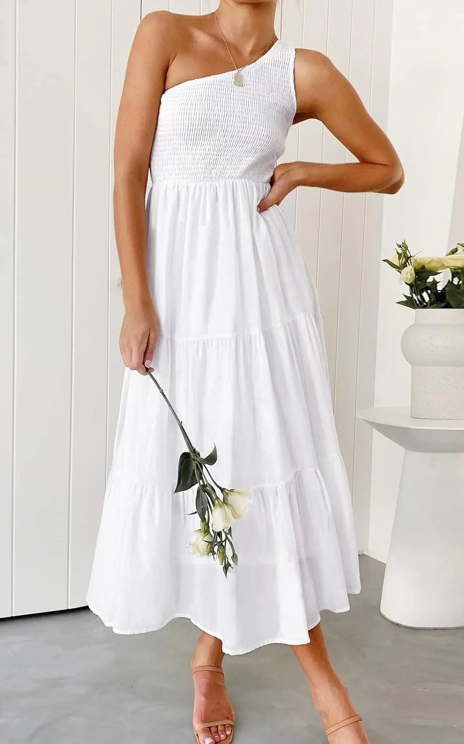 ZCSIA Women's 2024 Summer Boho One Shoulder Sleeveless Solid Color Ruffle Beach Party Tiered Midi Dress