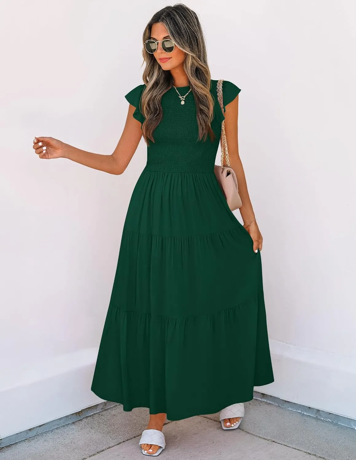ZESICA Women's 2025 Summer Casual Flutter Short Sleeve Crew Neck Smocked Elastic Waist Tiered Midi Dress
