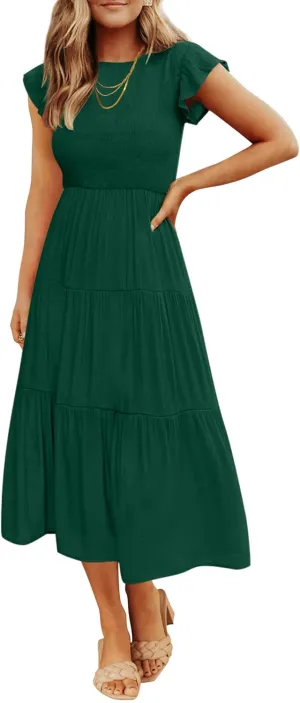 ZESICA Women's 2025 Summer Casual Flutter Short Sleeve Crew Neck Smocked Elastic Waist Tiered Midi Dress