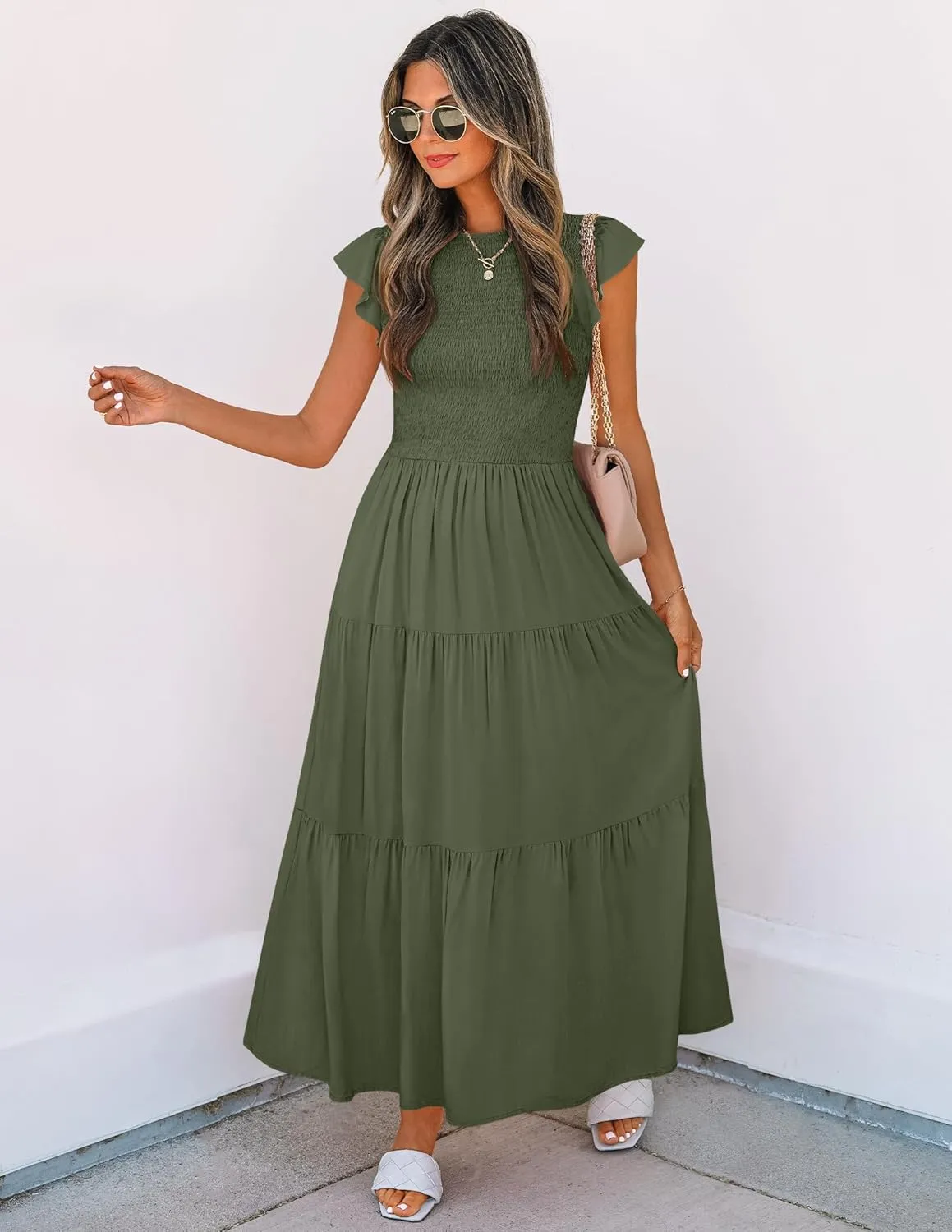 ZESICA Women's 2025 Summer Casual Flutter Short Sleeve Crew Neck Smocked Elastic Waist Tiered Midi Dress