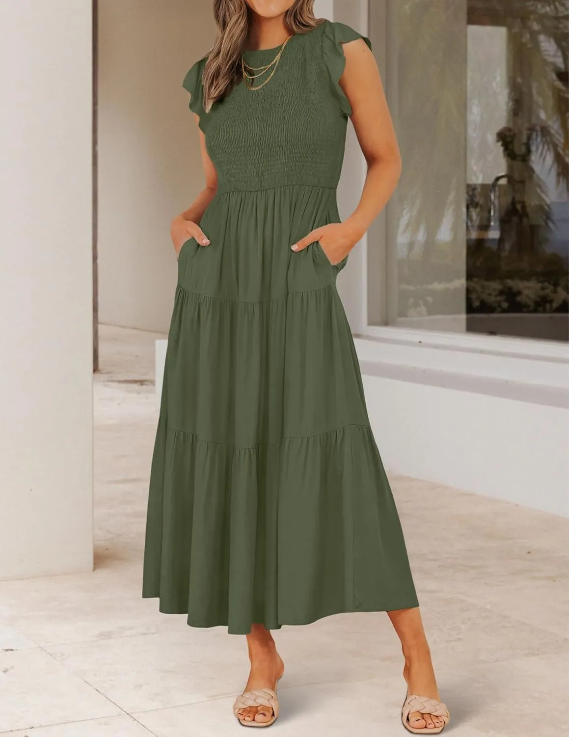 ZESICA Women's 2025 Summer Casual Flutter Short Sleeve Crew Neck Smocked Elastic Waist Tiered Midi Dress