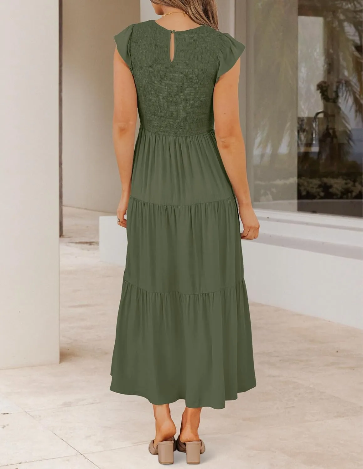 ZESICA Women's 2025 Summer Casual Flutter Short Sleeve Crew Neck Smocked Elastic Waist Tiered Midi Dress