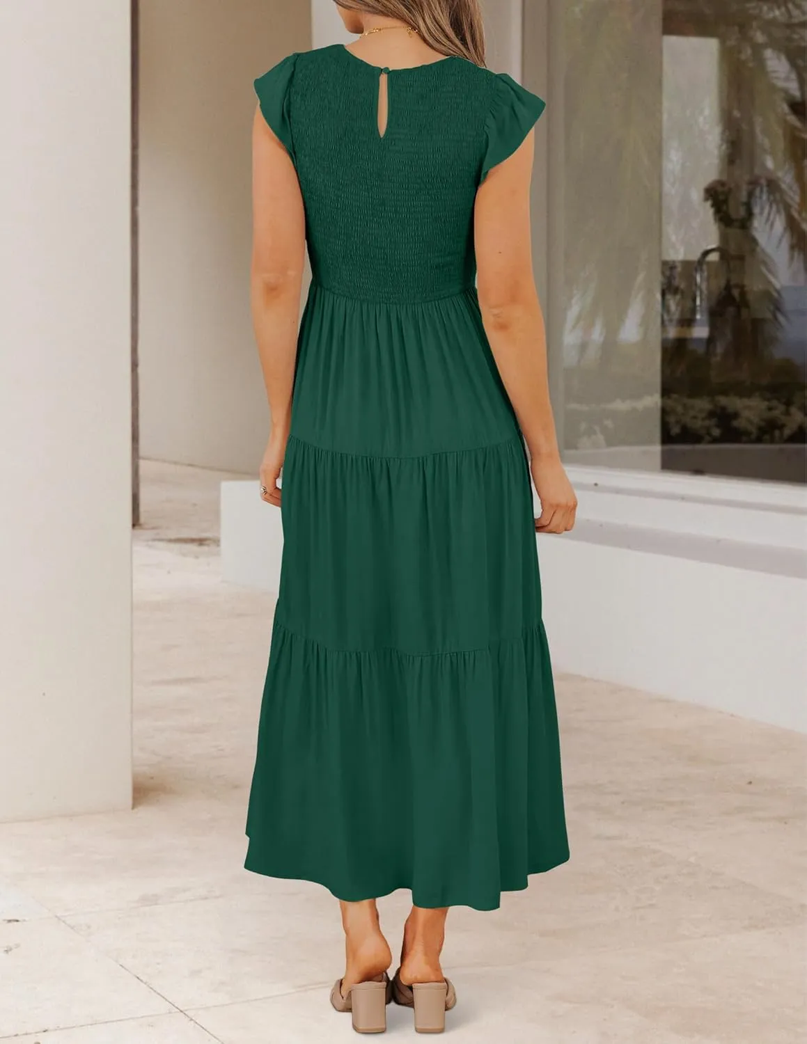 ZESICA Women's 2025 Summer Casual Flutter Short Sleeve Crew Neck Smocked Elastic Waist Tiered Midi Dress