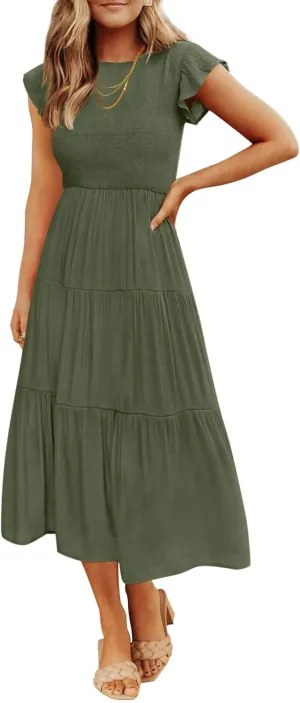 ZESICA Women's 2025 Summer Casual Flutter Short Sleeve Crew Neck Smocked Elastic Waist Tiered Midi Dress